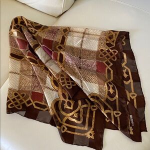 Bill Blass Elegant Brown and Gold Vintage Silk Scarf